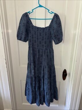 Women's Navy Puff Sleeve Tiered Midi Dress